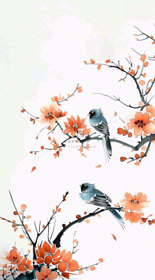 秋天凄冷树枝鸟儿花国风插画立秋白露寒露秋分背景 秋天凄冷树枝鸟儿花国风插画立秋白露寒露秋分背景