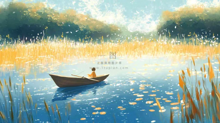 秋天湖面泛舟的人落叶芦苇寒露白露插画背景 秋天湖面泛舟的人落叶芦苇寒露白露插画背景
