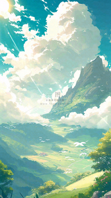 阳光春天细长流水山脉村庄小屋草坪，春分，旅行露营