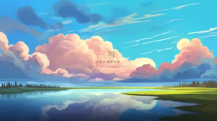 春夏落日余晖草原湖泊卡通插画背景