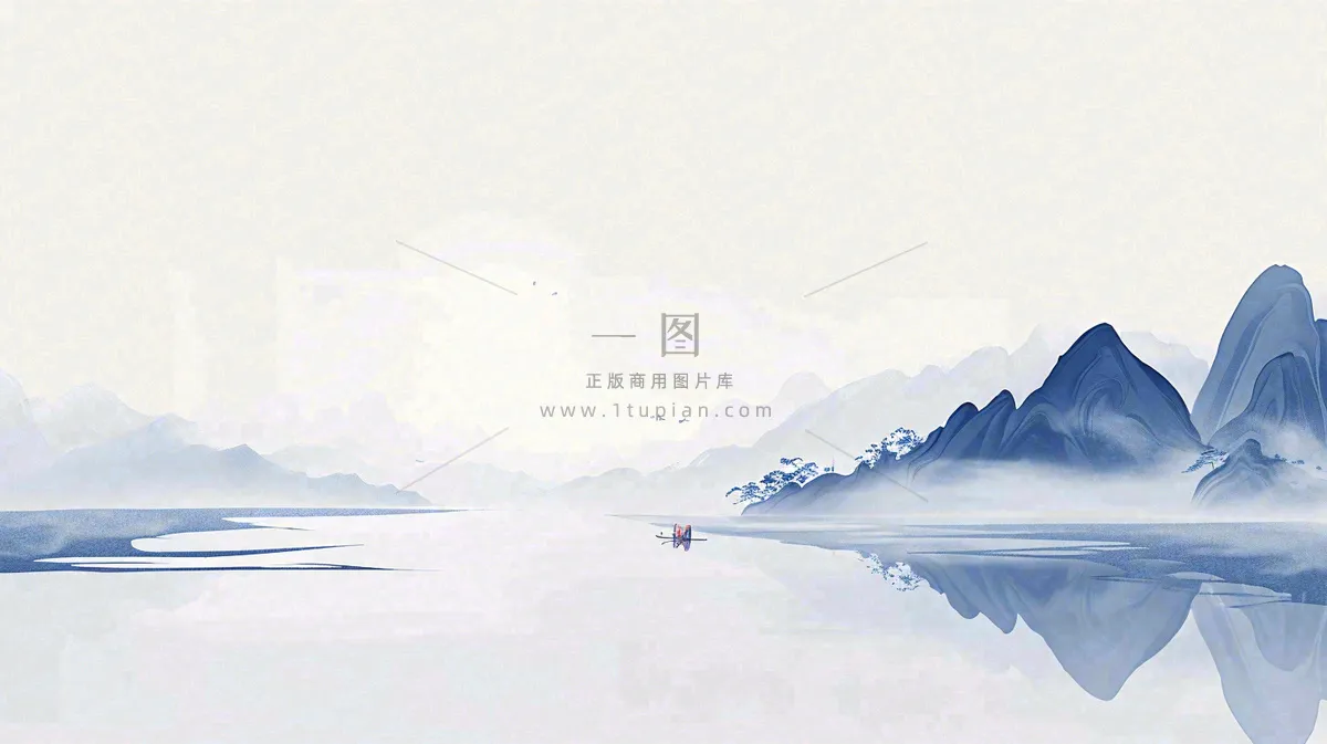 山水画简约白色河面插画手绘，中国风古风