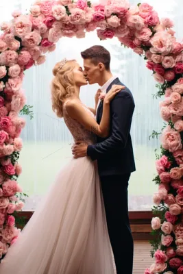 婚礼亲吻的新婚夫妇鲜花玫瑰花拱桥摄影图