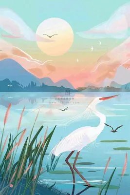 秋日芦苇荡的白鹭湖泊山水日落白露寒露插画背景 秋日芦苇荡的白鹭湖泊山水日落白露寒露插画背景