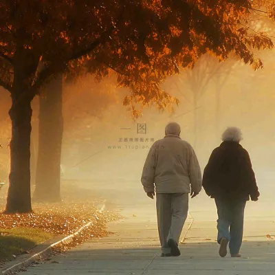 父母年长老人重阳节温馨落日背影