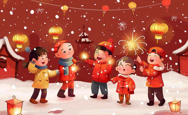 卡通新年除夕夜孩童放烟花鞭炮团聚喜庆春节插画过年背景