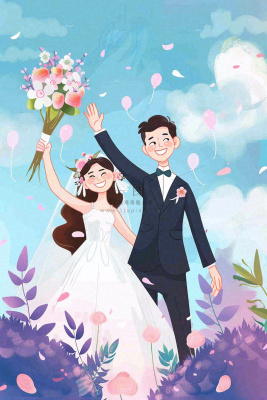 婚礼典礼的夫妻恋人唯美浪漫温馨七夕情人节卡通插画背景