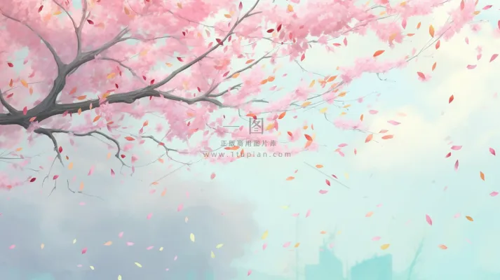 春天樱花桃花树粉色花瓣飘落卡通插画背景