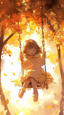 秋天落叶季节少女玩耍荡秋千,秋分儿童 秋天落叶季节少女玩耍荡秋千,秋分儿童