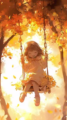 秋天落叶季节少女玩耍荡秋千,秋分儿童 秋天落叶季节少女玩耍荡秋千,秋分儿童