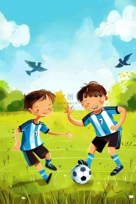 儿童学生草坪上踢足球运动竞技儿童节卡通插画背景