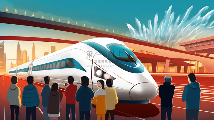 中国传统节日春节除夕春运赶火车回家团聚的人物插画海报背景