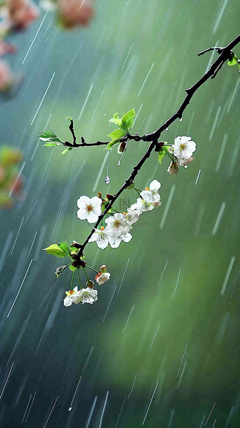 春天白色花朵枝叶在雨中，新鲜绿叶鲜花，雨水谷雨摄影图