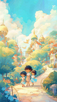 清新蓝天白云儿童路边行走手绘插画,花丛草地植物 清新蓝天白云儿童路边行走手绘插画,花丛草地植物