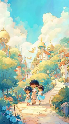 清新蓝天白云儿童路边行走手绘插画,花丛草地植物 清新蓝天白云儿童路边行走手绘插画,花丛草地植物