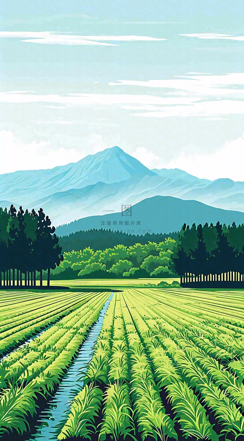 日本卡通绿色手绘乡村田野春天稻田