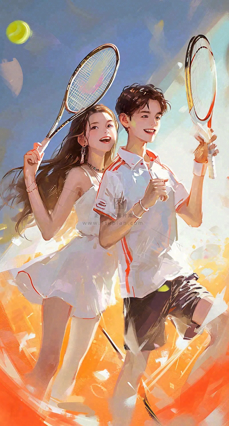 青春活力运动青年手绘插画油画，网球羽毛球球类