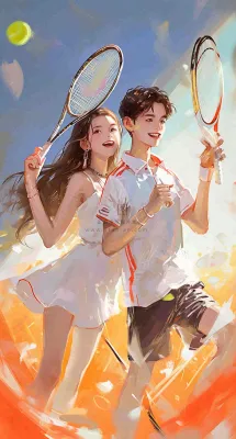 青春活力运动青年手绘插画油画，网球羽毛球球类