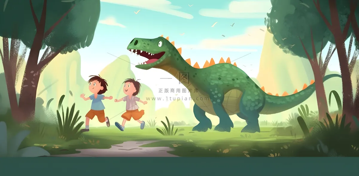 恐龙儿童大自然森林奔跑插画海报素材背景