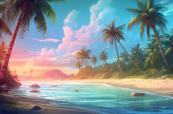 热带海滩沙滩上有棕榈树风格热带象征主义宁静的海景插画背景