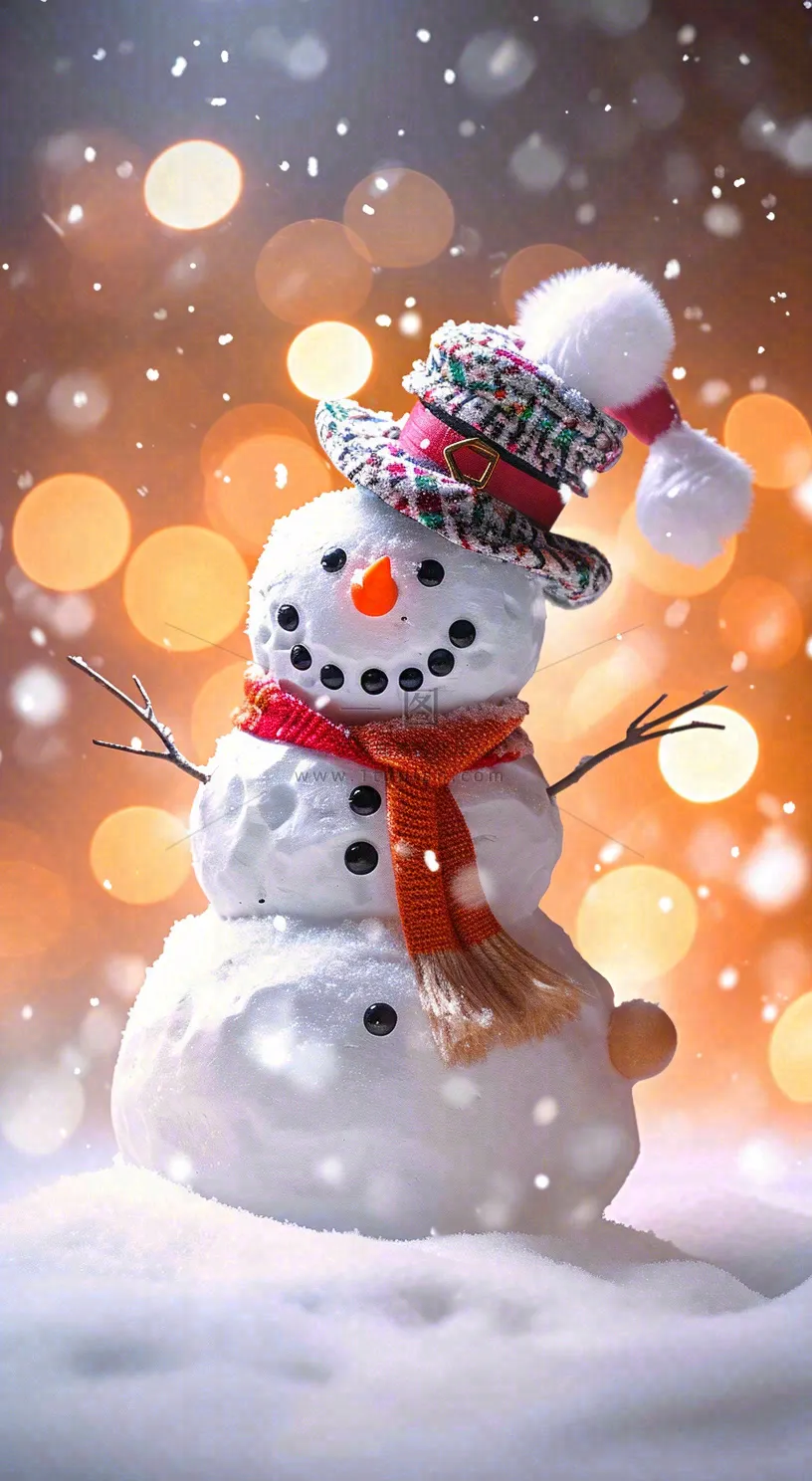 冬天雪地下雪戴帽子的雪人，可爱温暖小雪大雪冬至立冬