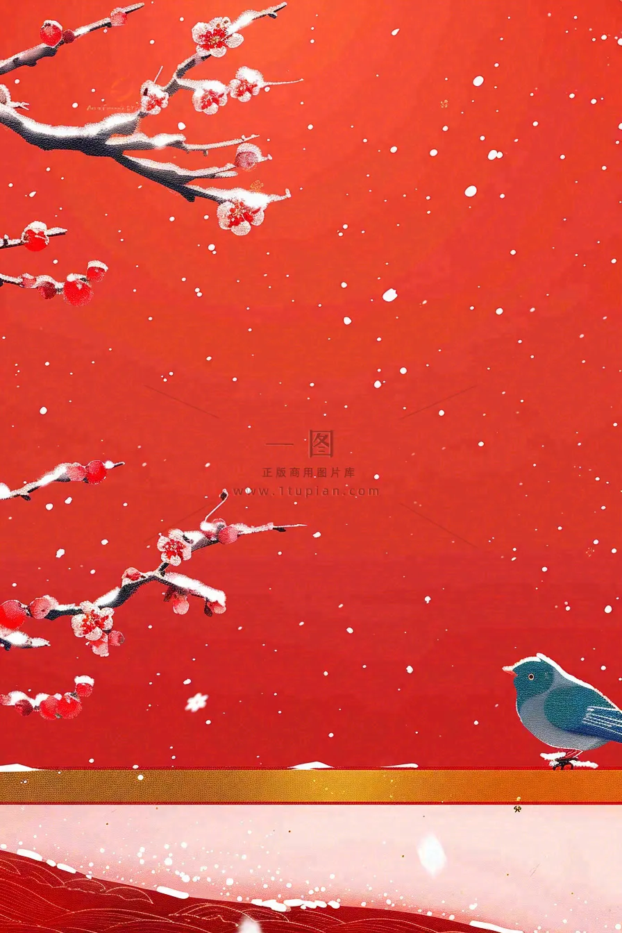 冬天红色宫墙背景梅花树枝小鸟白雪大雪冬至小年新年春节插画背景