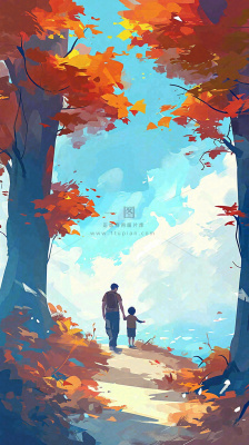 秋天红色秋叶树落叶温馨自然风景，立秋手绘插画