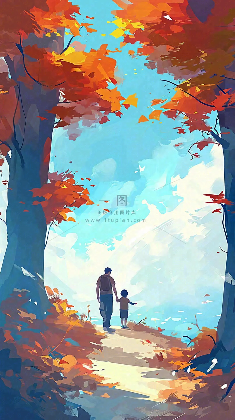 秋天红色秋叶树落叶温馨自然风景,立秋手绘插画