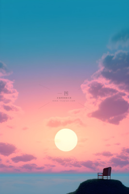 落日山脉青色简约背景