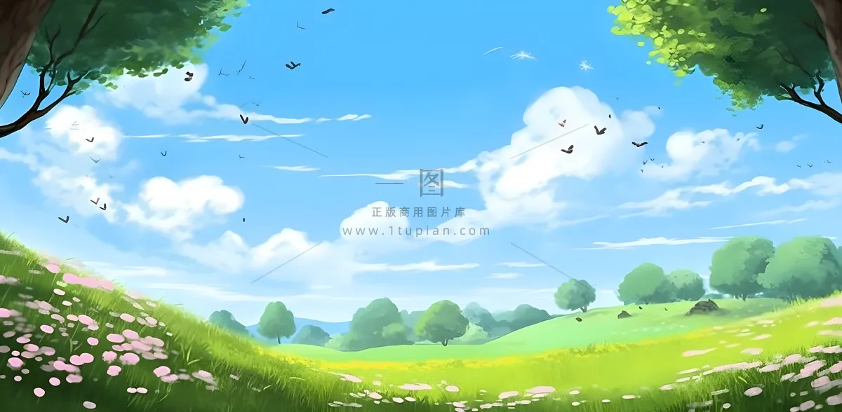 春天蓝天白云草原绿色树草地手绘插画海报素材背景