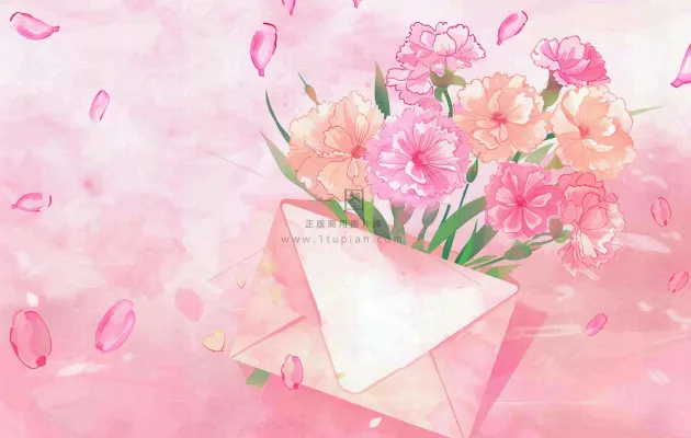 母亲节鲜花花束信封康乃馨粉色插画背景