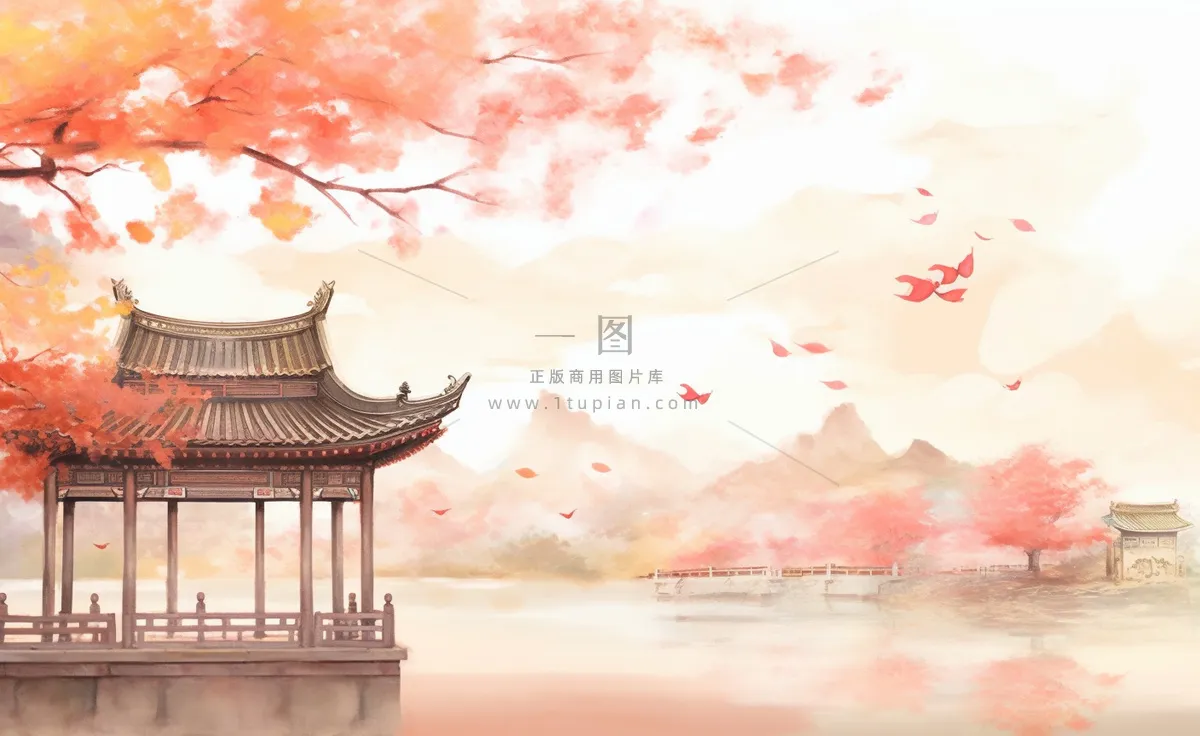 秋季枫叶晚亭山水湖面倒影美景中国风水墨画插画背景