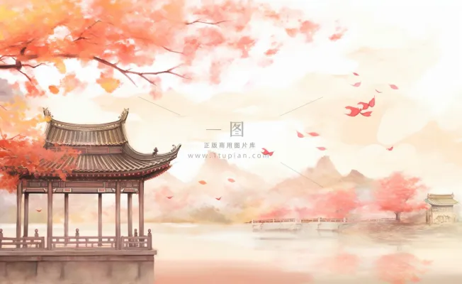 秋季枫叶晚亭山水湖面倒影美景中国风水墨画插画背景 秋季枫叶晚亭山水湖面倒影美景中国风水墨画插画背景