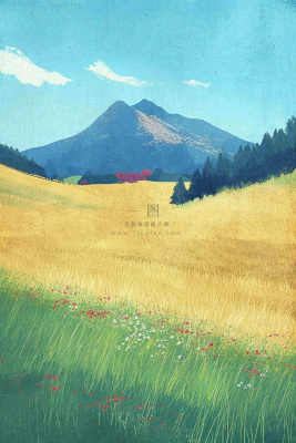 春天郊外绿地草地山脉石头插画手绘，惊蛰春分