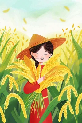 丰收季女孩抱着麦穗金黄的小麦稻穗农田芒种小满秋分立秋卡通插画背景