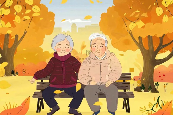 秋天公园长椅坐着的老年夫妻老人互相陪伴黄树落叶重阳佳节卡通插画背景 秋天公园长椅坐着的老年夫妻老人互相陪伴黄树落叶重阳佳节卡通插画背景