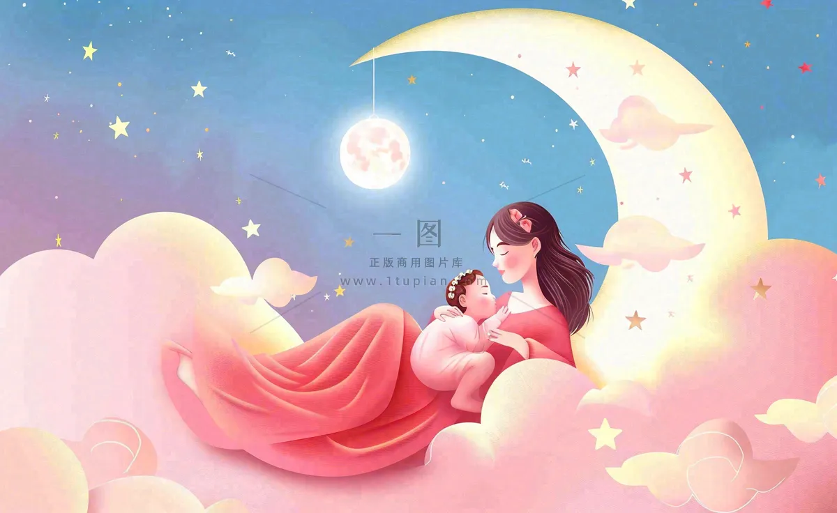妈妈抱着孩子母亲节创意插画月亮睡眠晚安背景