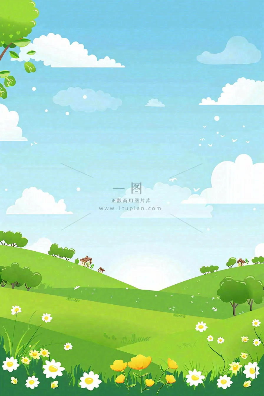 春天绿草地蓝天白云立春春分惊蛰小满卡通插画背景