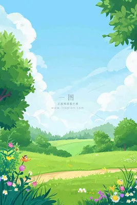 春日郊游草坪小路小花踏青手绘插画，立春春分