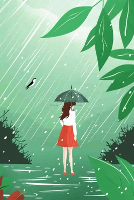 春天梅雨季红色女孩打雨伞户外绿色植物雨水谷雨卡通插画背景
