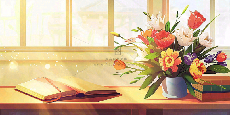 教师节办公桌窗边课本花束温馨唯美插画背景 教师节办公桌窗边课本花束温馨唯美插画背景
