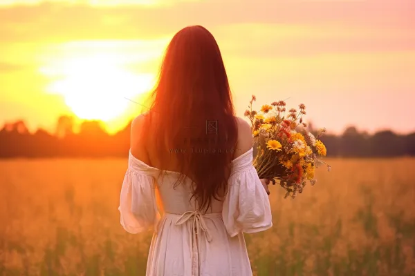 夕阳少女拿着花束走在花丛中晚霞落日美景摄影图