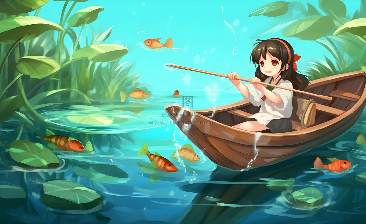 在湖中划船的女孩睡莲绿叶插画海报背景