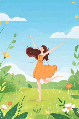 蓝天白云草坪翩翩起舞的小女孩儿童节卡通插画背景