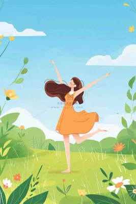 蓝天白云草坪翩翩起舞的小女孩儿童节卡通插画背景 蓝天白云草坪翩翩起舞的小女孩儿童节卡通插画背景