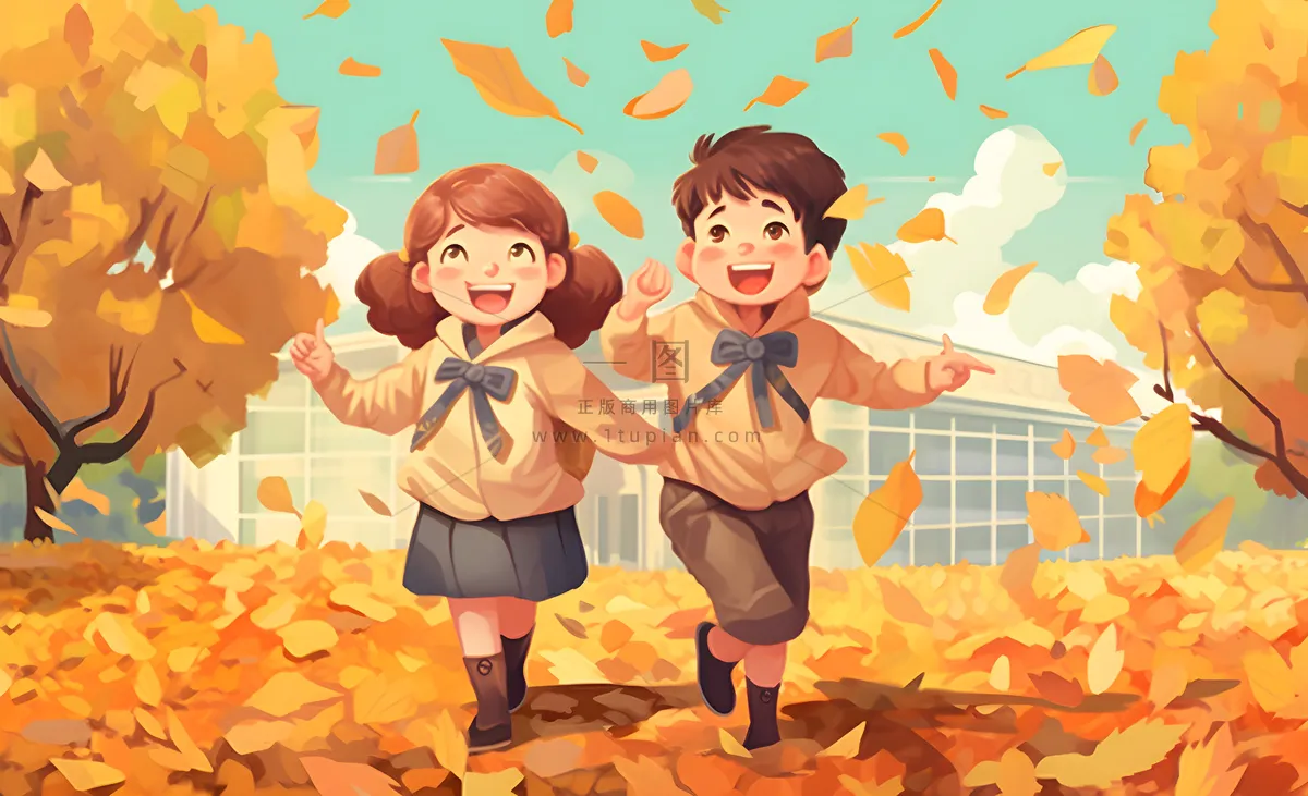 孩子们放学回家落叶欢乐卡通插画背景