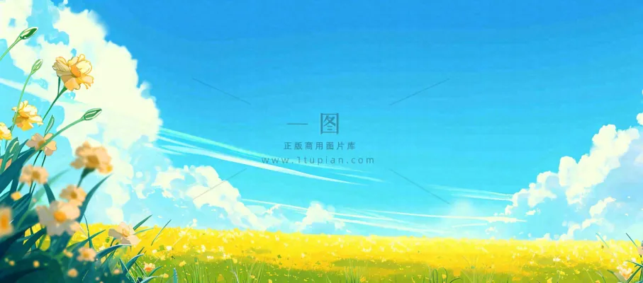 春日草地鲜花清新郊外草坪蓝天白云，春分