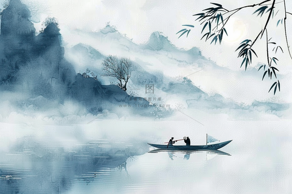水墨山水画小船河面山川连绵国画插画背景