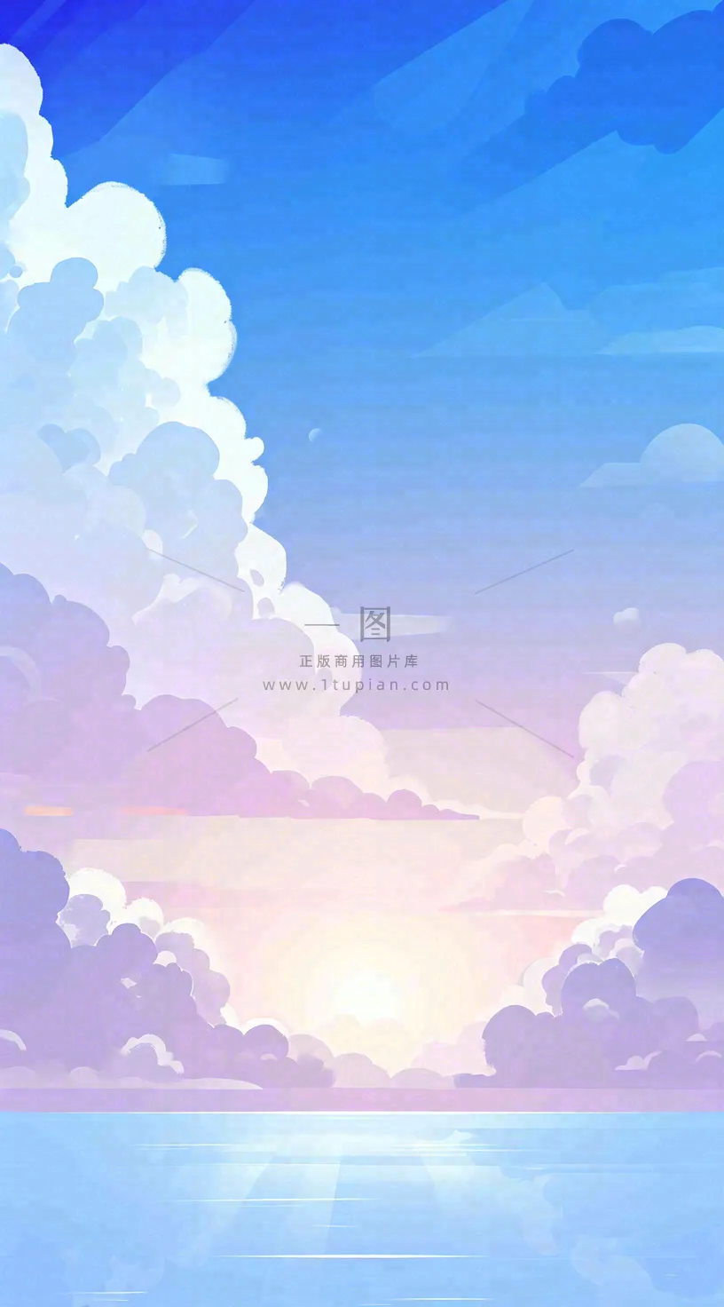 粉蓝渐变天空白云简约温馨,阳光海面海洋扁平插画