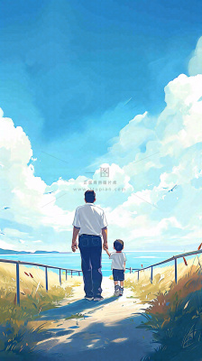 蓝天白云下父亲牵着手,父爱背影亲情伟大感恩 蓝天白云下父亲牵着手,父爱背影亲情伟大感恩