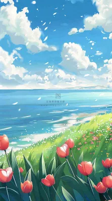 春天海边晴天蓝天白云郁金香春分插画背景 春天海边晴天蓝天白云郁金香春分插画背景